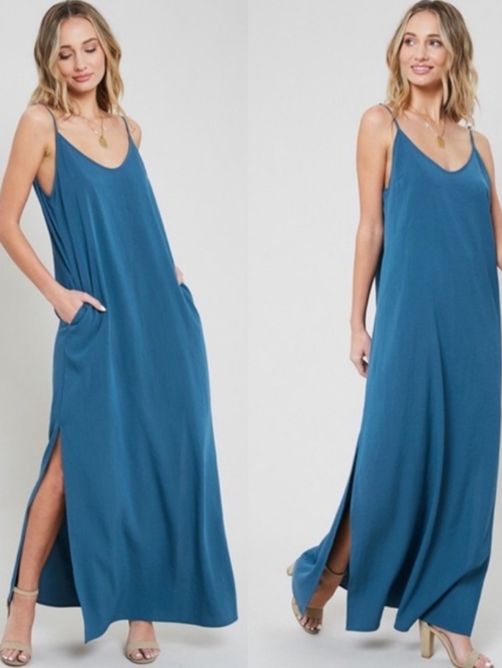 Blue Sleeveless Maxi Dress with Side Slits Sz XL